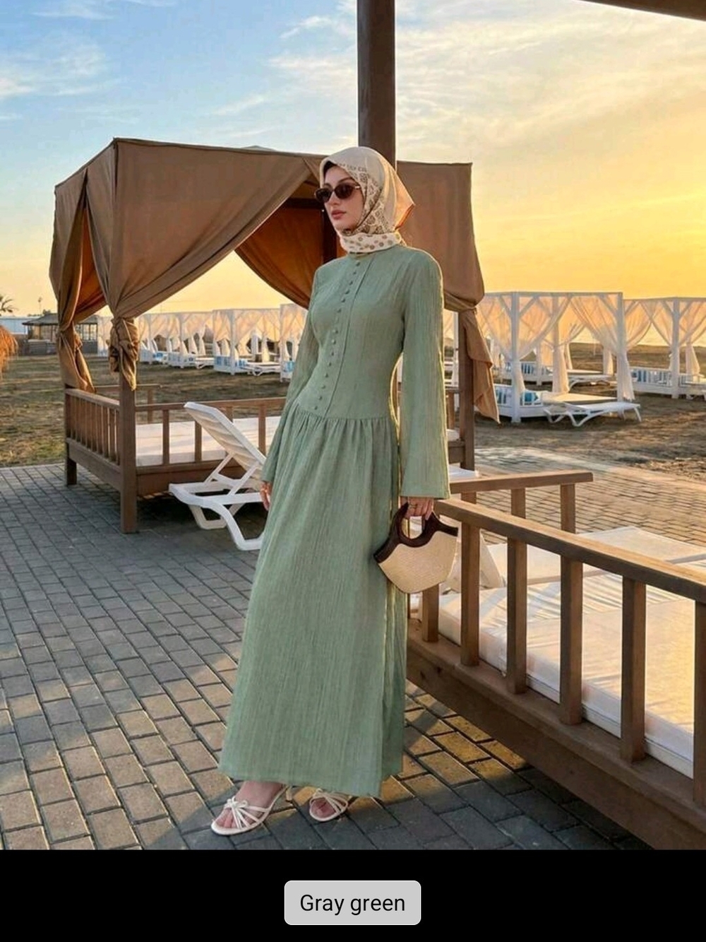 SHEIN Gray-Green Long Sleeve Maxi Dress with Tie Back